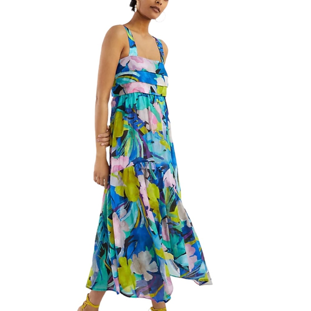 Anthropologie Sunny Sm Blue Motif Floral Silk Blend Sleeveless Ruffled Midi